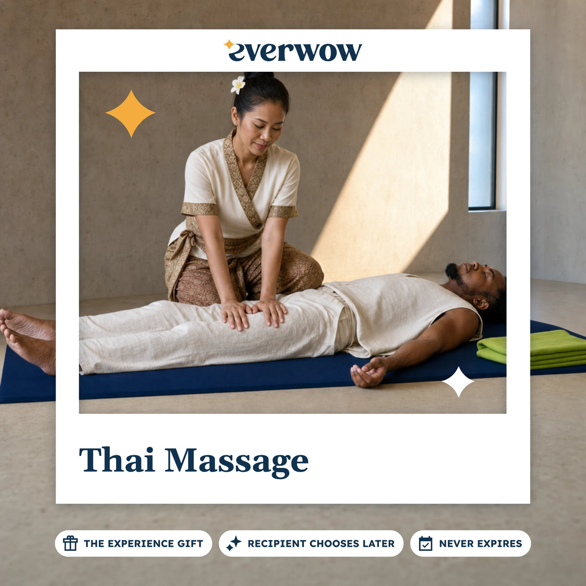 Everwow Thai Massage experience gift photo in a frame, assisted stretch on a mat
