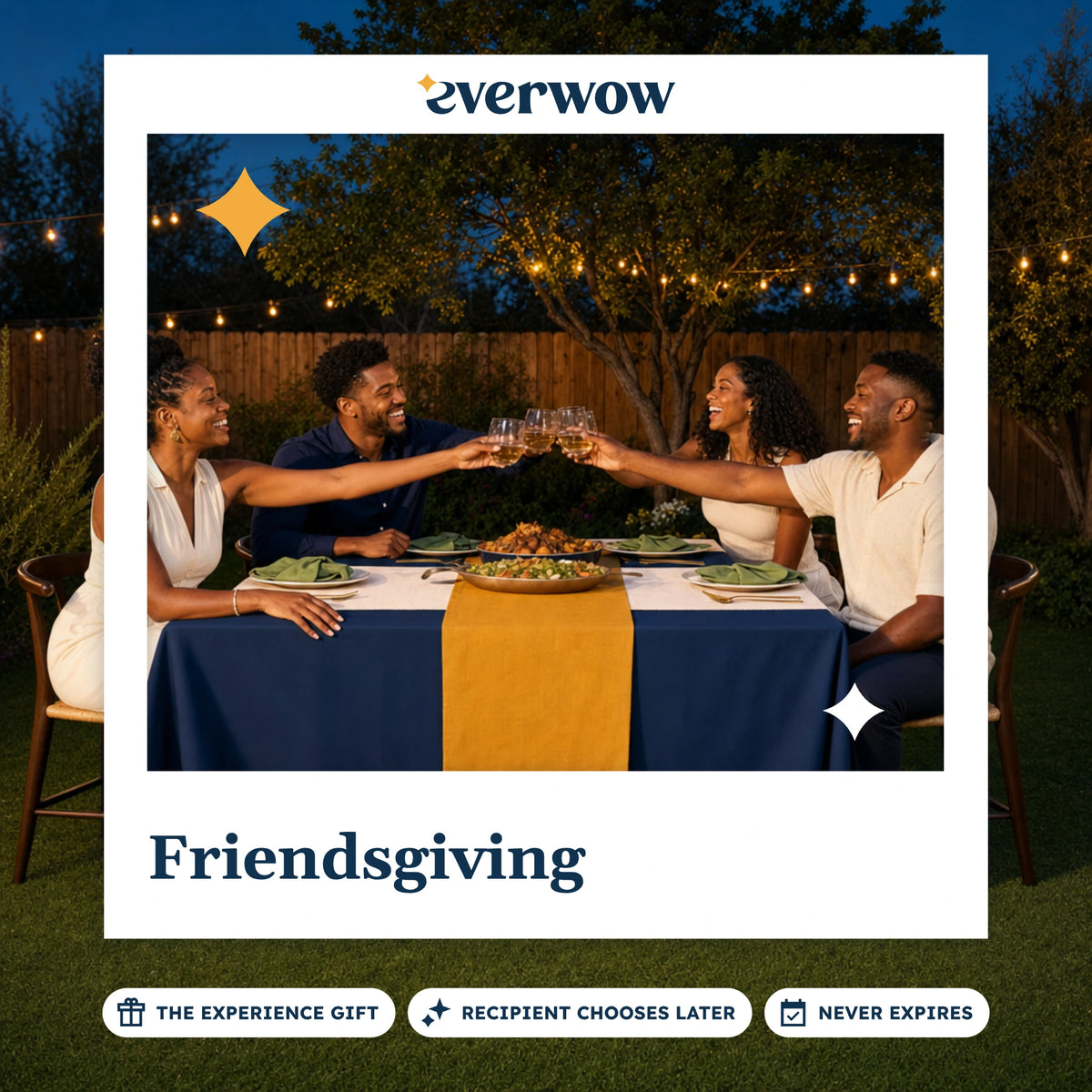 Everwow Friendsgiving experience gift photo in a frame, friends toasting in a backyard