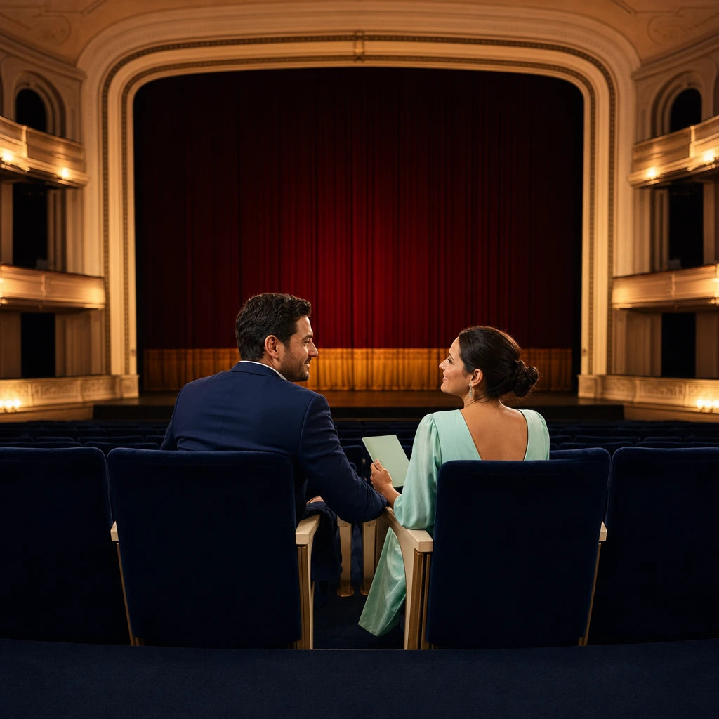 Couple seated in velvet theater seats before the curtain rises, Theater & Broadway Shows experience gift