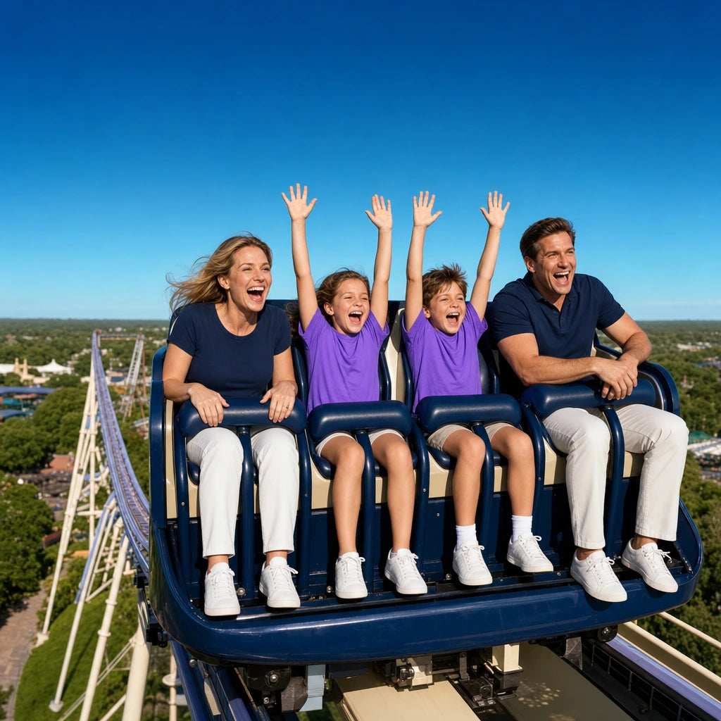 Family cresting a roller coaster hill with arms raised, Theme & Amusement Parks experience gift
