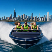 Speedboat carving a turn on Lake Michigan by the skyline, Chicago Thrilling experience gift