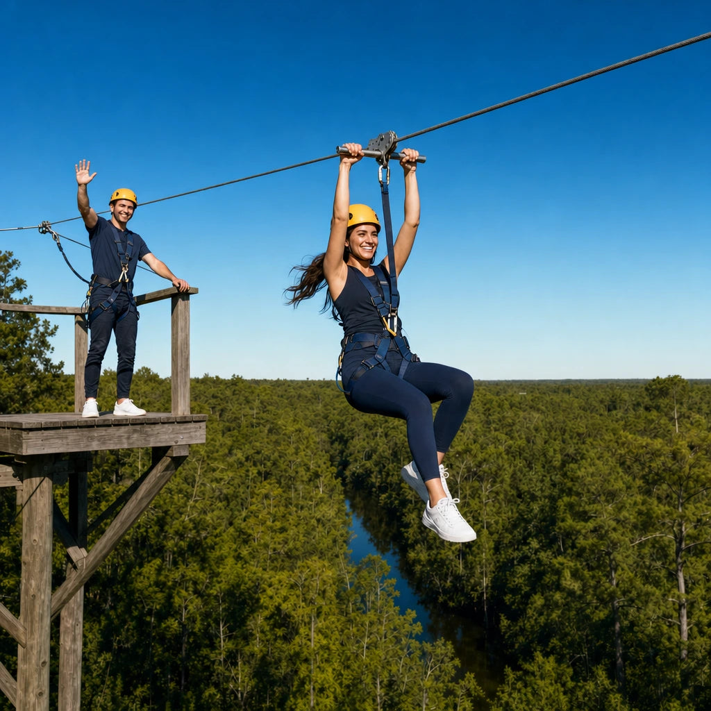 Rider zip-lining over a bayou canopy as a friend waves her off, Houston Thrilling Experience Collection experience gift