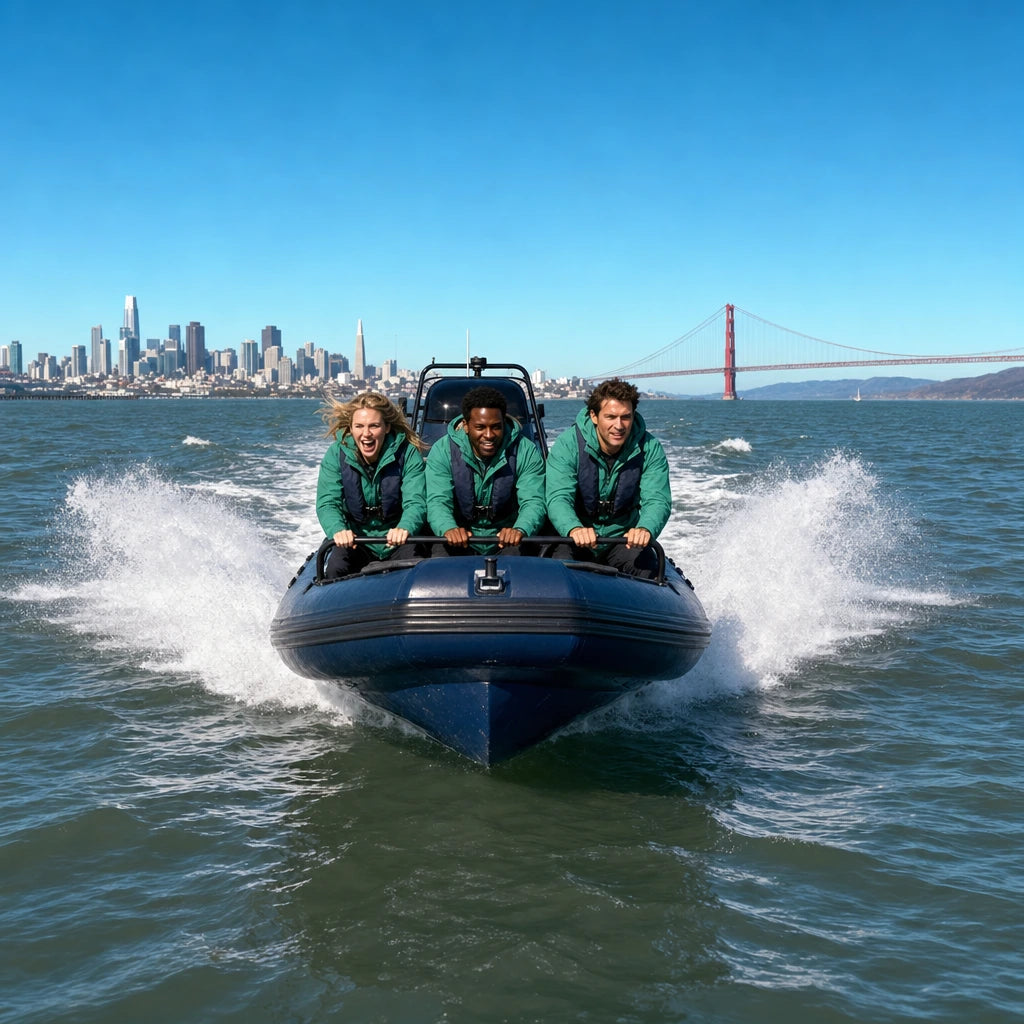 Riders bracing as a speedboat crosses bay chop, San Francisco Thrilling Experience Collection experience gift