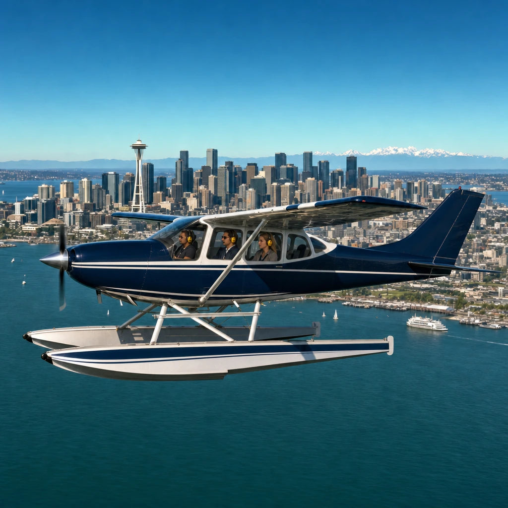 Pilot and passengers in a floatplane banking over the city, Seattle Thrilling Experience Collection experience gift