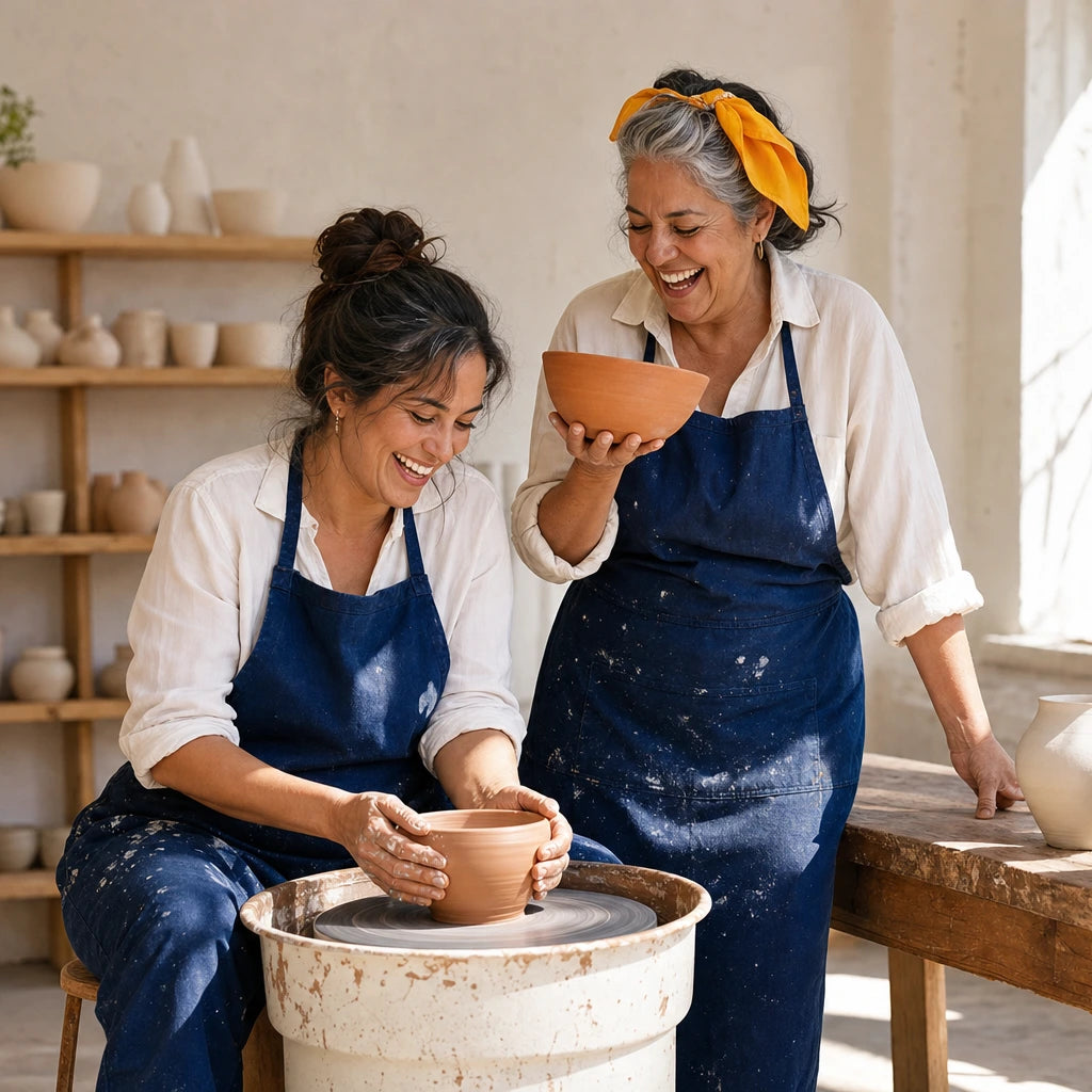 Mother and daughter cooking together at an outdoor class, Time with Mom experience gift