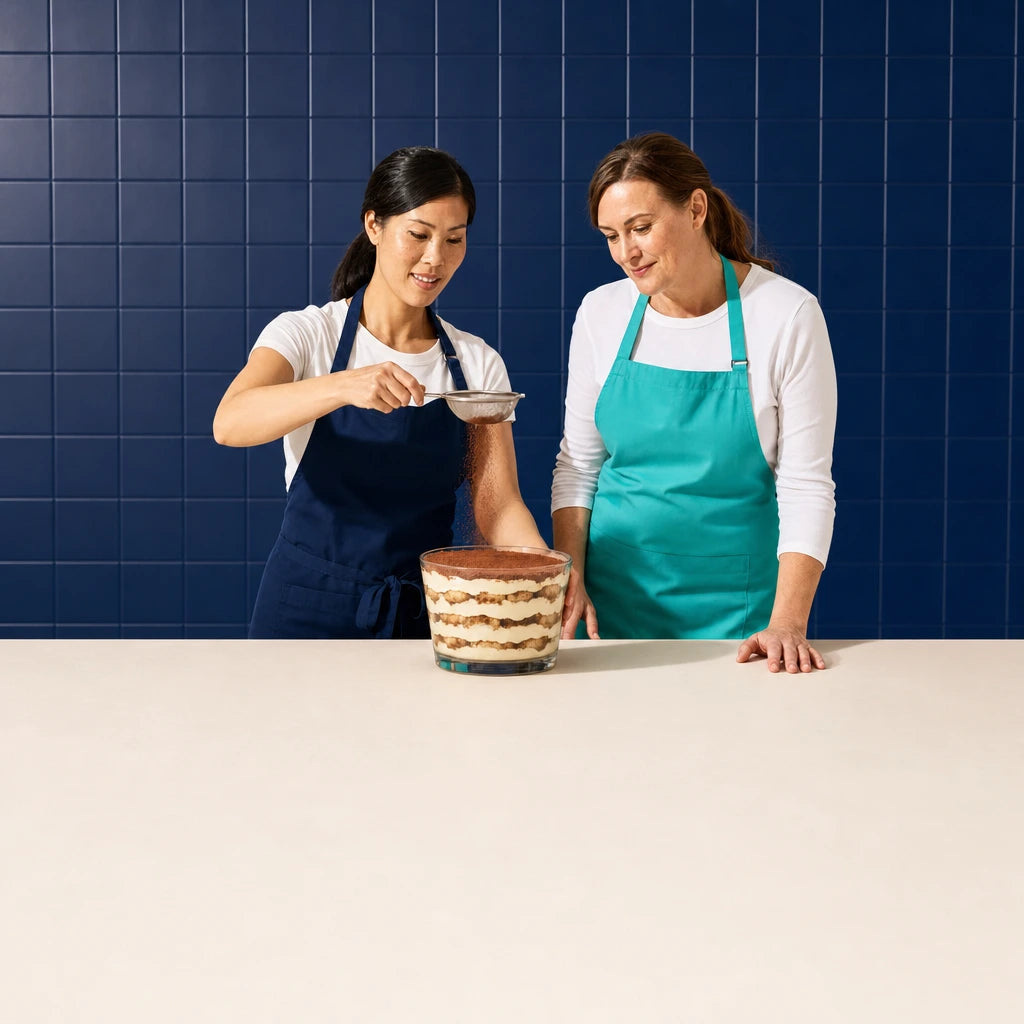 Instructor dusting cocoa over a layered tiramisu as her student leans in, Tiramisu Making Class experience gift