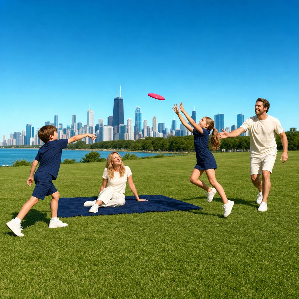 Family playing frisbee on a lakefront lawn by the skyline, Chicago Together experience gift
