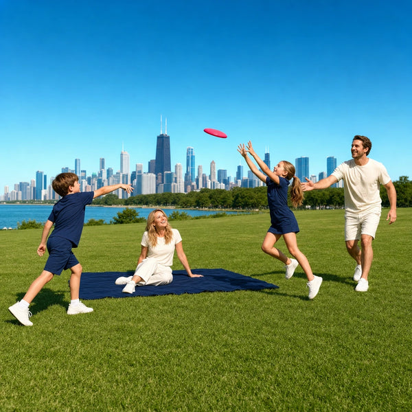 Family playing frisbee on a lakefront lawn by the skyline, Chicago Together experience gift