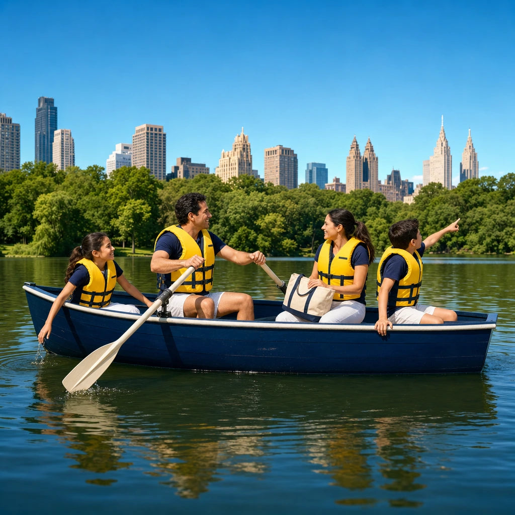 Family rowing a boat on the park lake in matching life vests, New York City Together Experience Collection gift