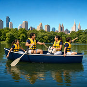 Family rowing a boat on the park lake in matching life vests, New York City Together Experience Collection gift