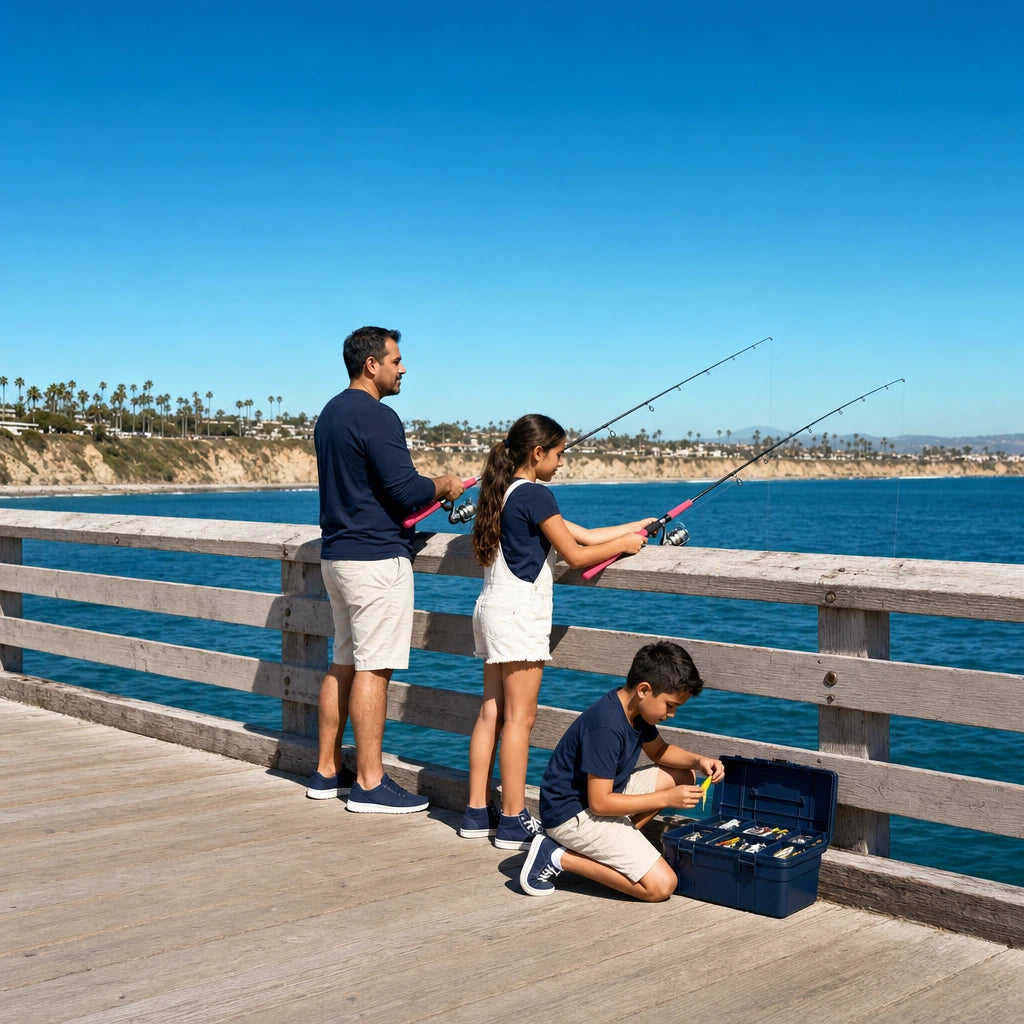 Father and two kids fishing off a pier, San Diego Together Experience Collection experience gift