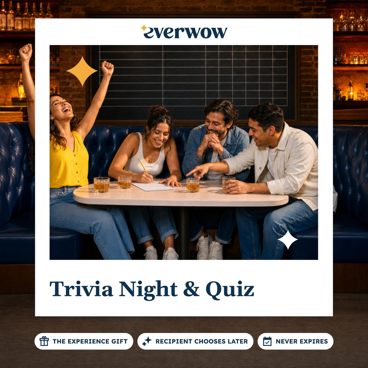 Everwow Trivia Night & Quiz experience gift photo in a frame, friends winning bar trivia