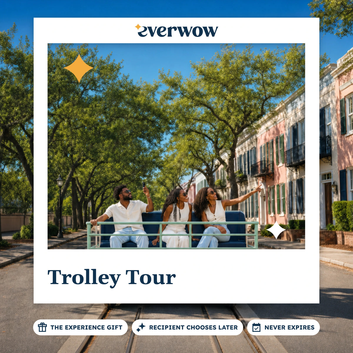 Everwow Trolley Tour experience gift photo in a frame, open-air trolley in the city