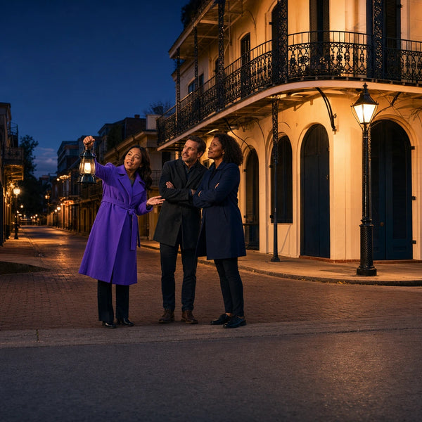 Guide raising a lantern on a lamplit New Orleans corner at dusk, True Crime Tour experience gift