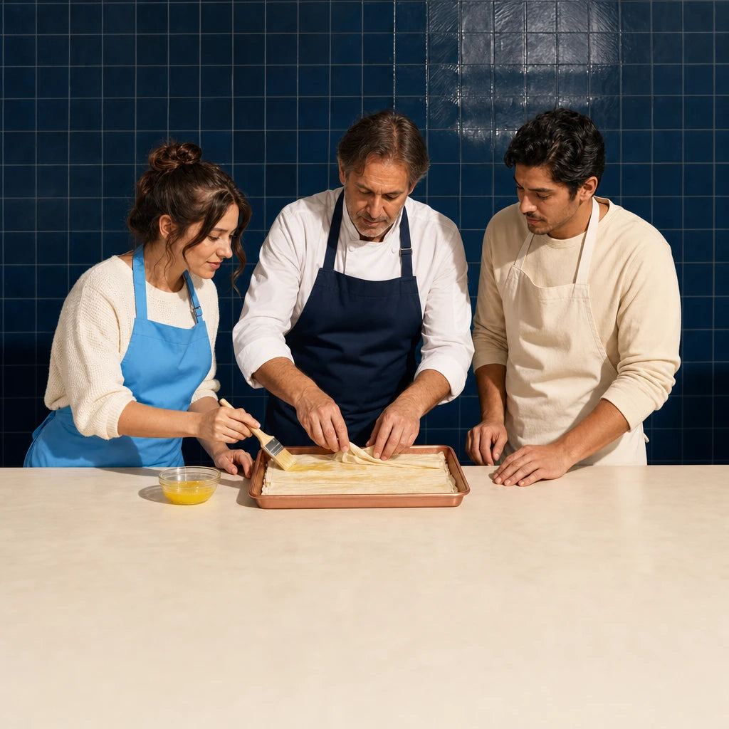 Instructor folding phyllo as his student brushes on melted butter, Turkish Cooking Class experience gift