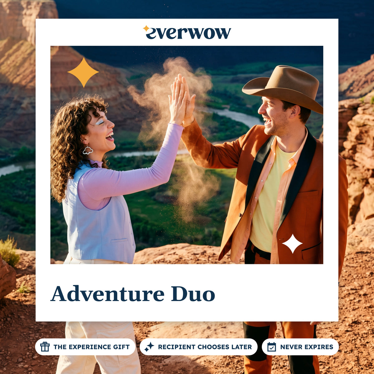 Everwow Adventure Duo experience gift card: two people high-fiving on a canyon rim