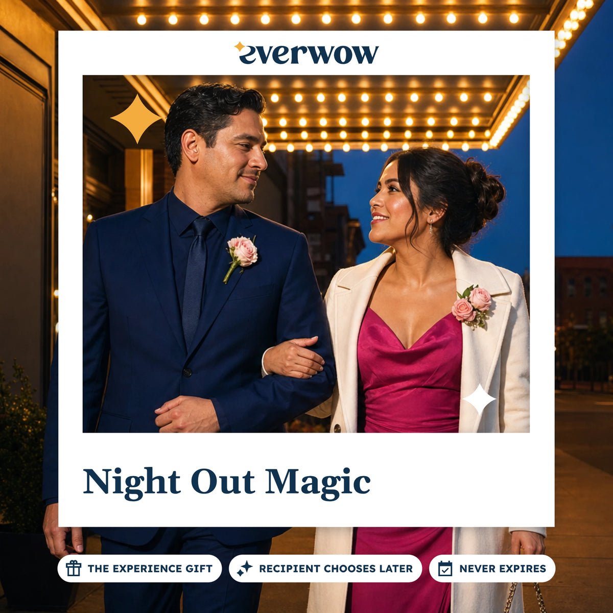 Everwow Night Out Magic experience gift card: couple walking past a lit theatre marquee at night