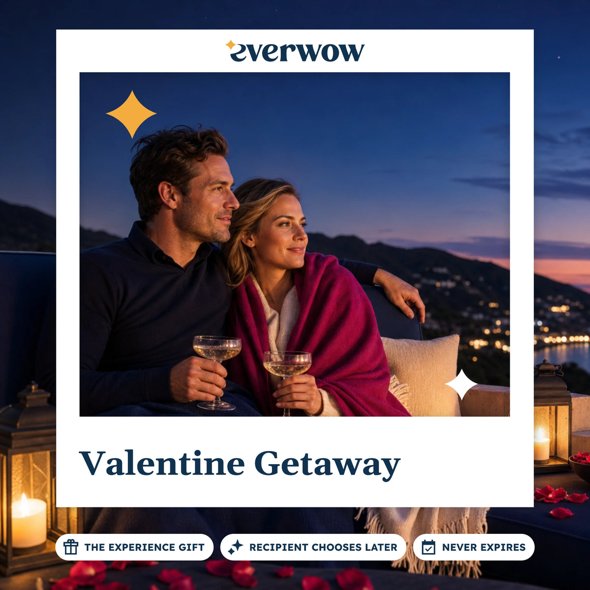 Everwow Valentine Getaway experience gift card: couple on a candlelit terrace above a coastal bay