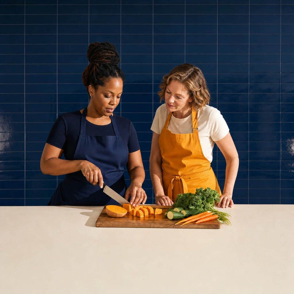 Instructor guiding a knife through a squash as her student watches, Vegan & Plant-Based Cooking experience gift