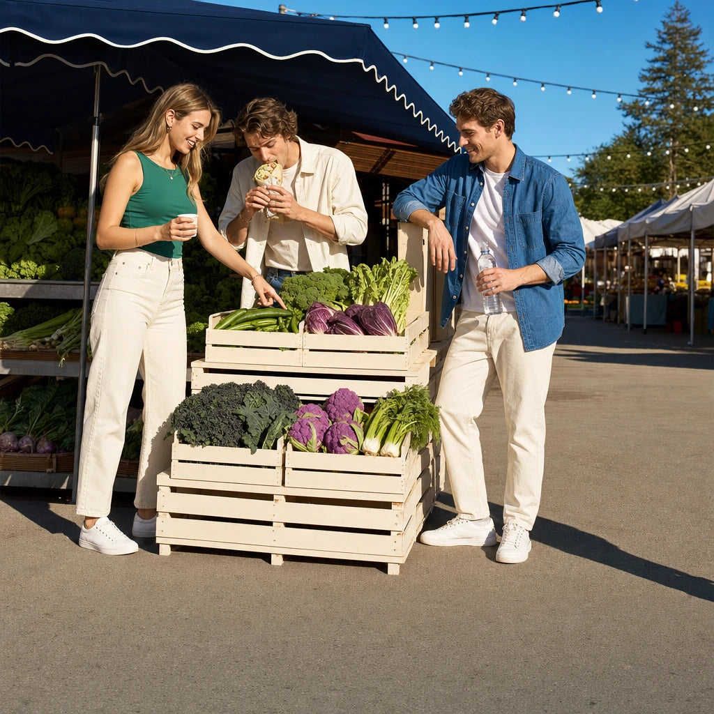 Three friends sampling fresh produce at a farmers market stall, Vegan & Vegetarian Food Tour experience gift