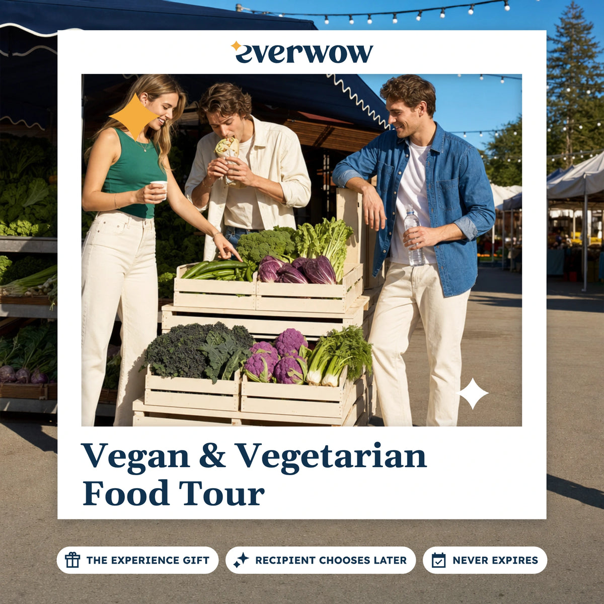Everwow Vegan & Vegetarian Food Tour experience gift photo in a frame, friends at a market stall