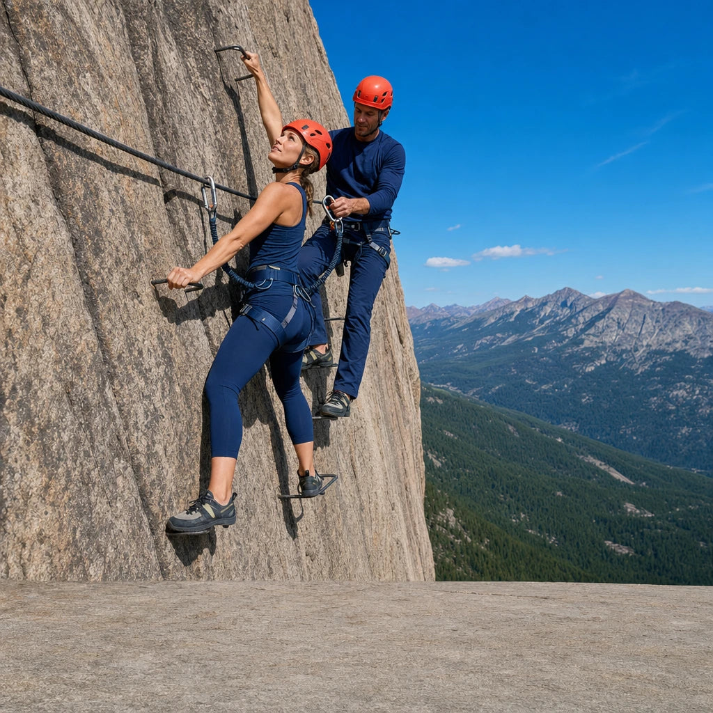 Guide and climber clipped to a cable route on a granite rock face, Via Ferrata Climbing experience gift