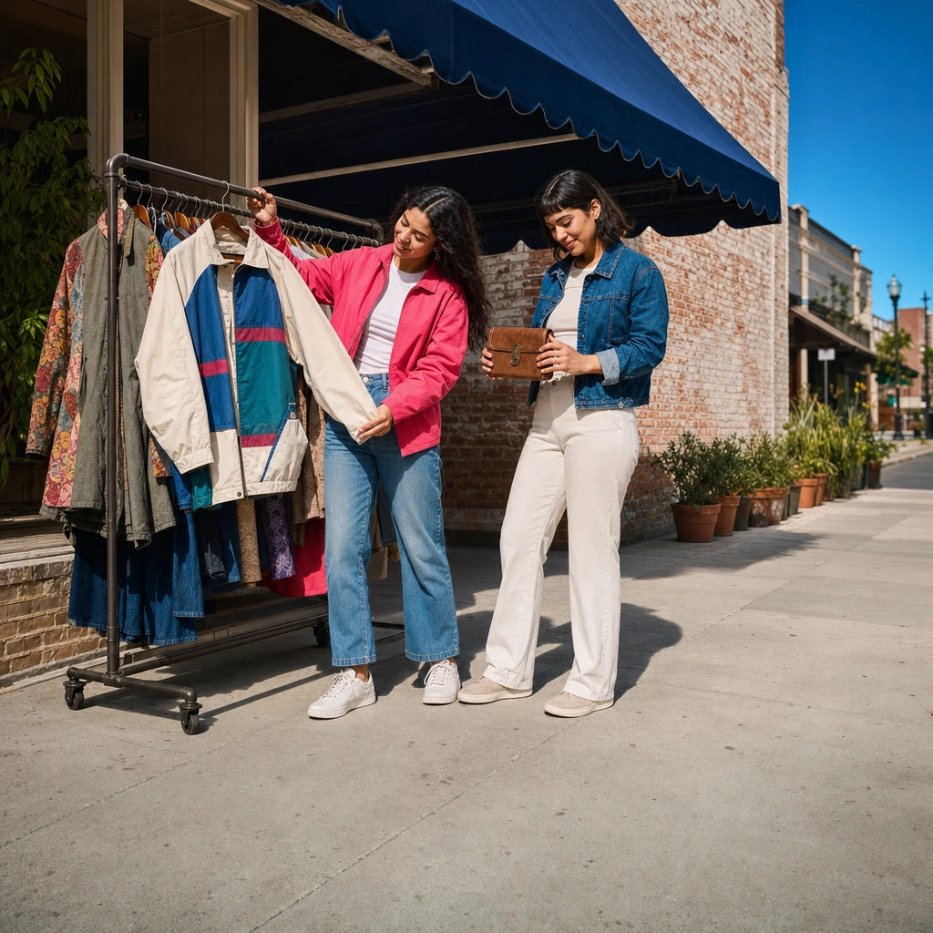 Two friends browsing a jacket and handbag at a sidewalk vintage rack, Vintage Shopping Tour experience gift
