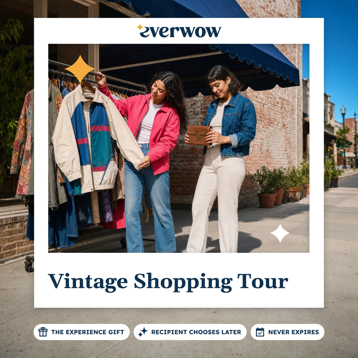 Everwow Vintage Shopping Tour experience gift photo in a frame, friends at a vintage rack