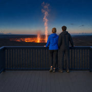 Couple at a viewing platform watching a distant crater glow at dusk, Volcano Tours experience gift