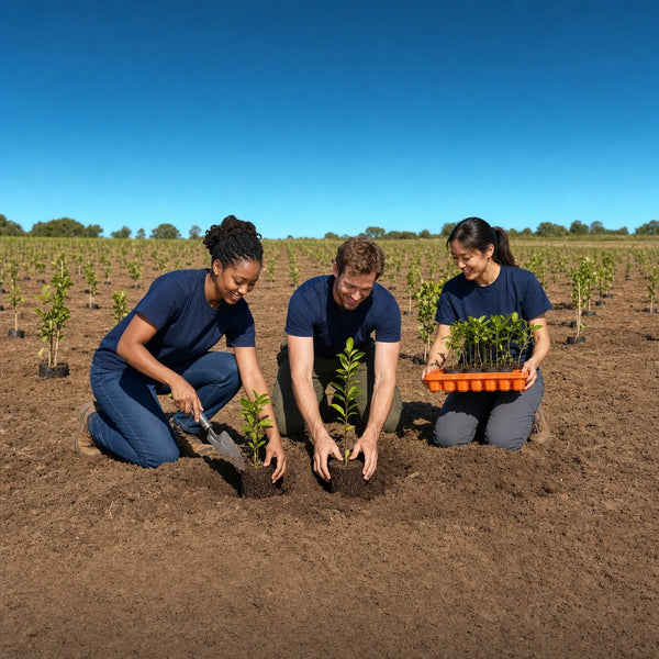 Three volunteers planting tree saplings in turned earth, Volunteer & Impact experience gift