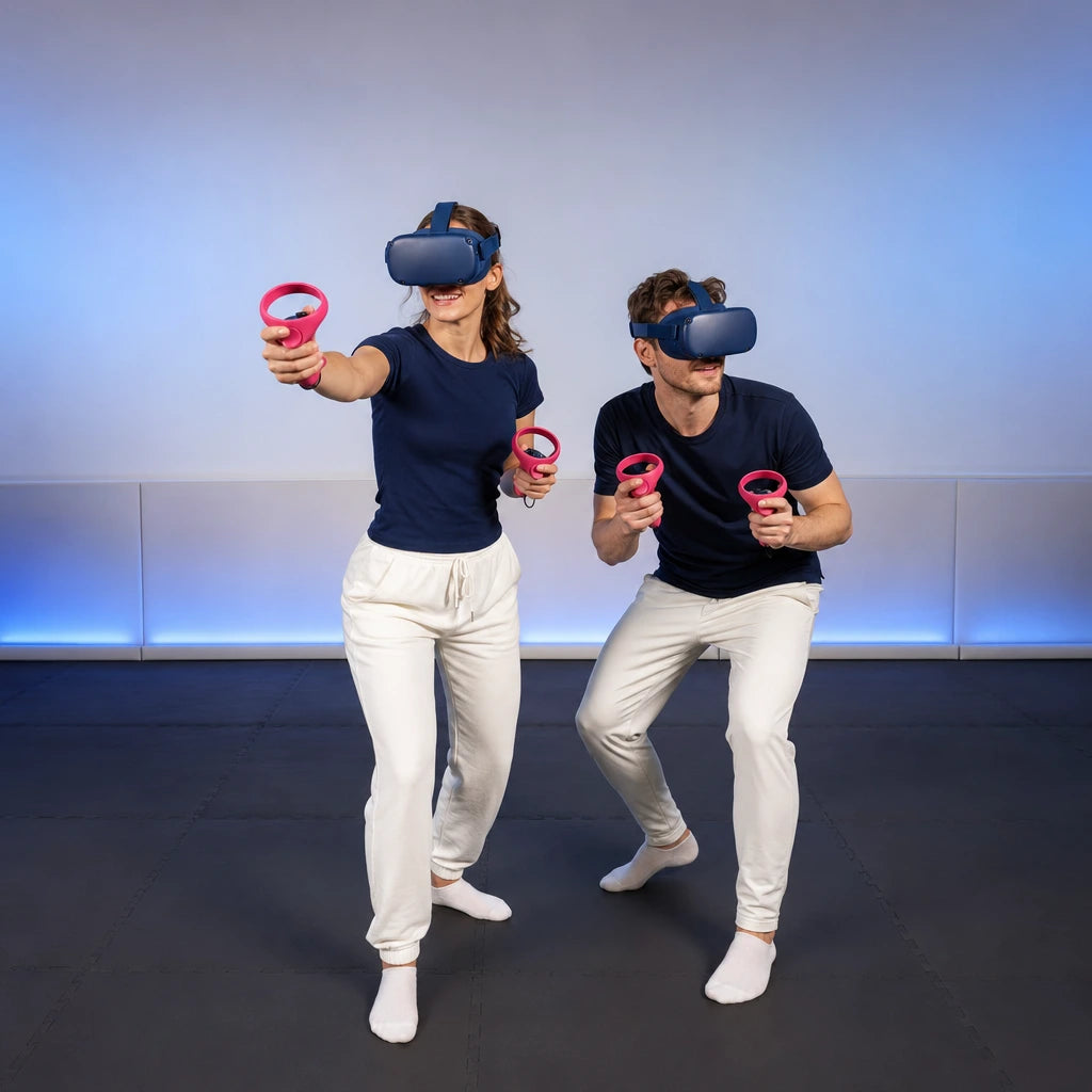 Couple wearing VR headsets playing with controllers in a padded room, VR experience gift