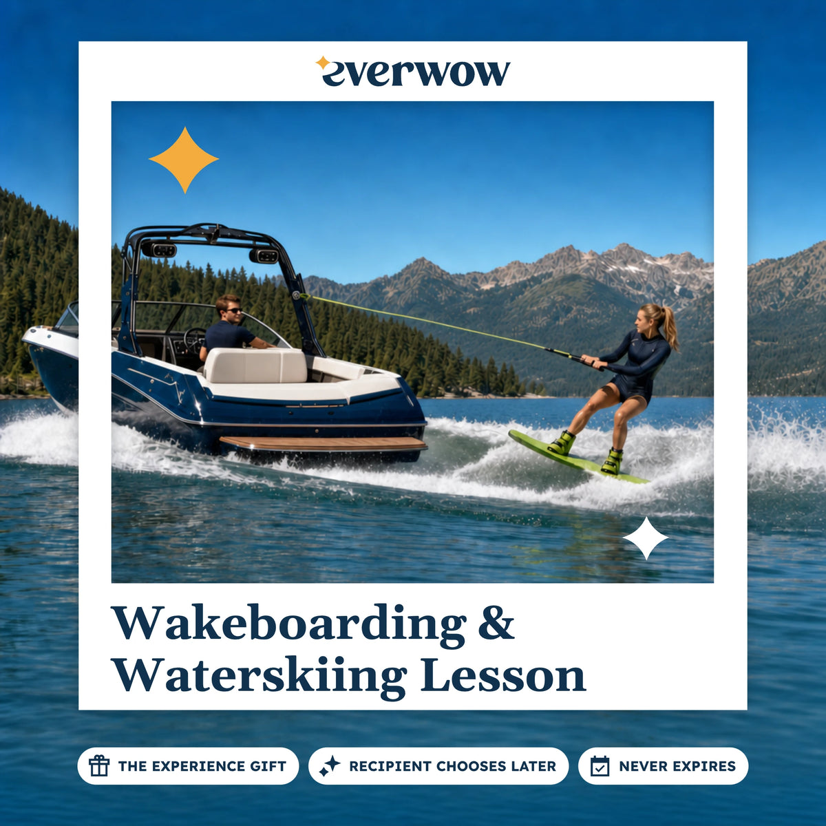 Everwow Wakeboarding & Waterskiing Lesson experience gift photo in a frame, wakeboarder behind the boat