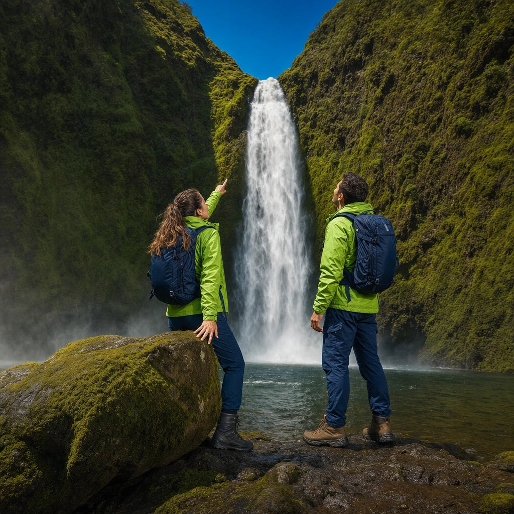 Couple on mossy rocks looking up at a tall waterfall, Waterfall Hikes experience gift