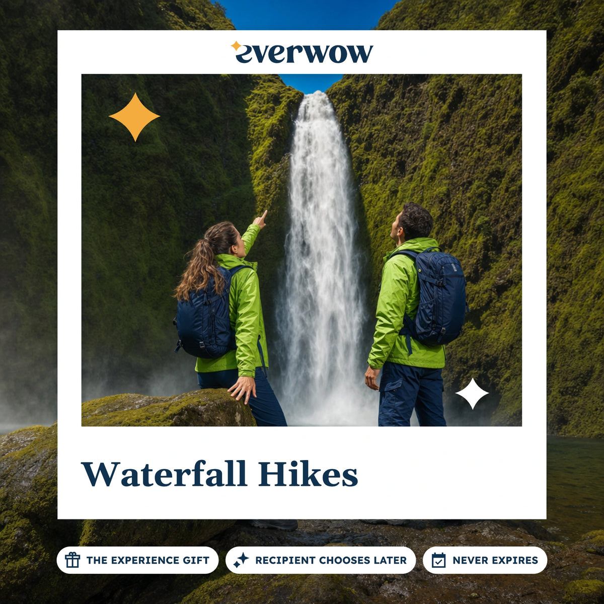Everwow Waterfall Hikes experience gift photo in a frame, couple below a waterfall