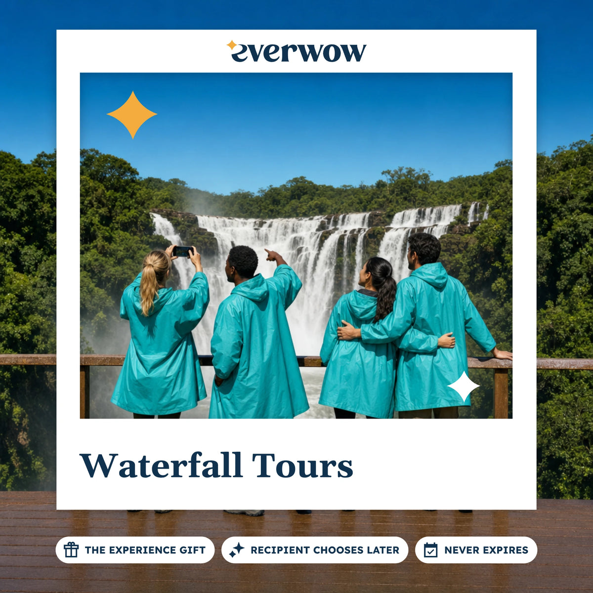 Everwow Waterfall Tours experience gift photo in a frame, friends at a waterfall platform