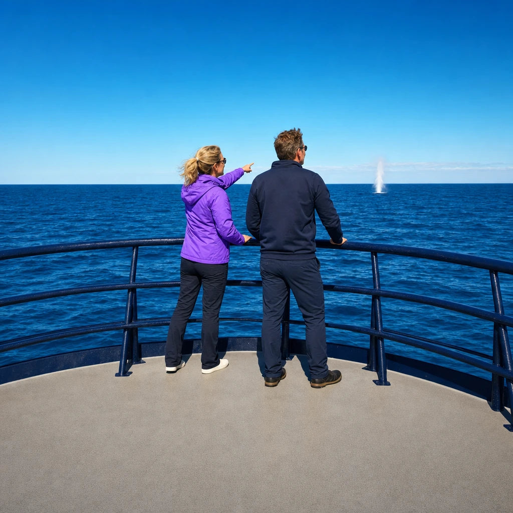 Couple on a boat's bow deck watching a distant whale spout, Whale Watching experience gift