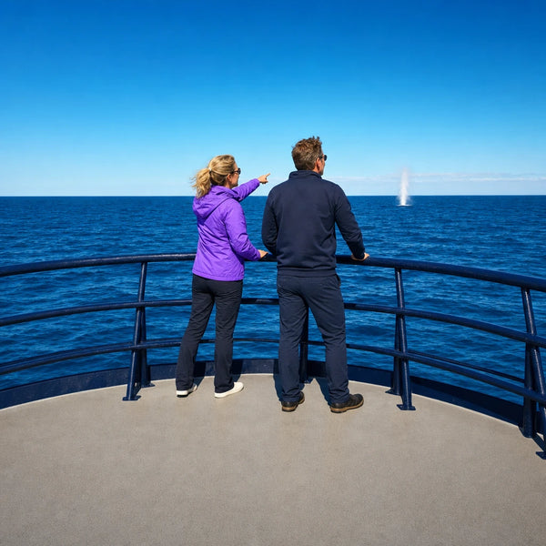 Couple on a boat's bow deck watching a distant whale spout, Whale Watching experience gift