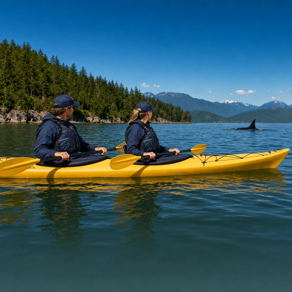Yellow tandem kayak paused as a whale's dorsal fin breaks the surface, Whale Watching Kayak experience gift