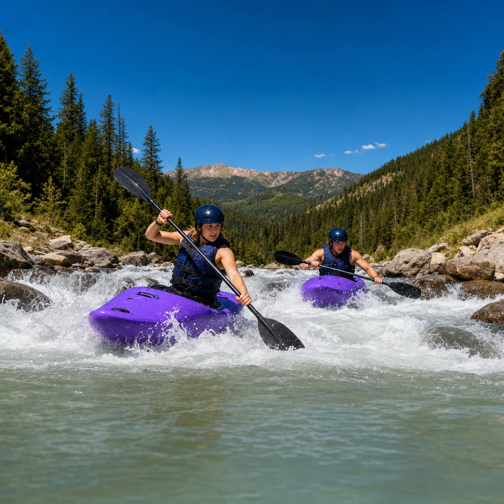 Two kayakers bracing through a foaming whitewater rapid, Whitewater Kayak experience gift