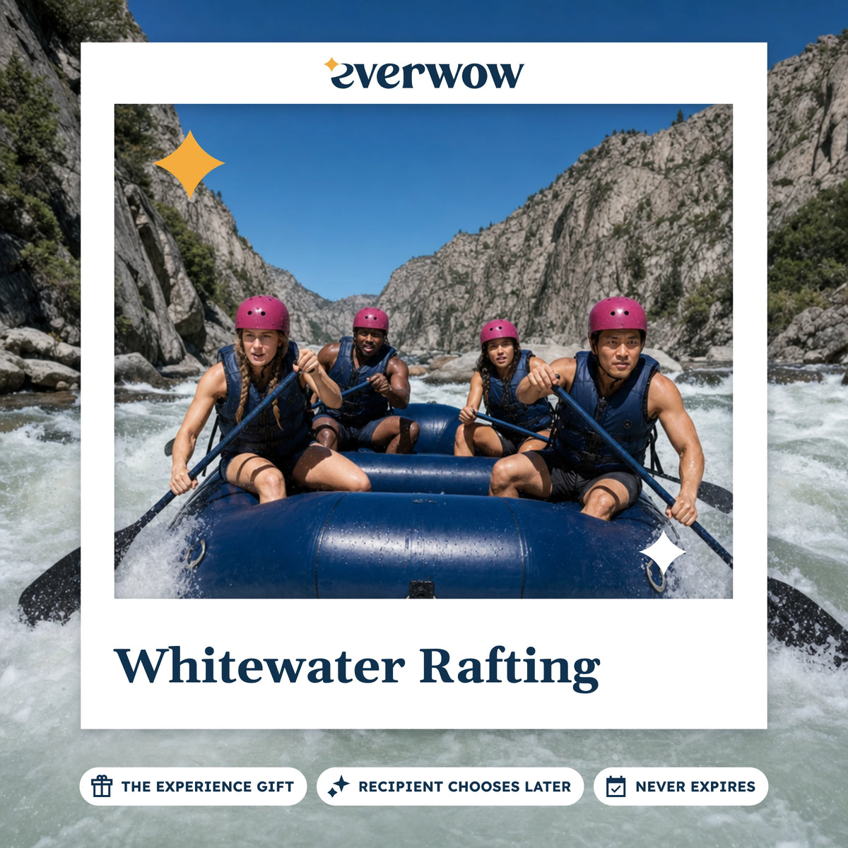 Everwow Whitewater Rafting experience gift photo in a frame, raft in a canyon rapid