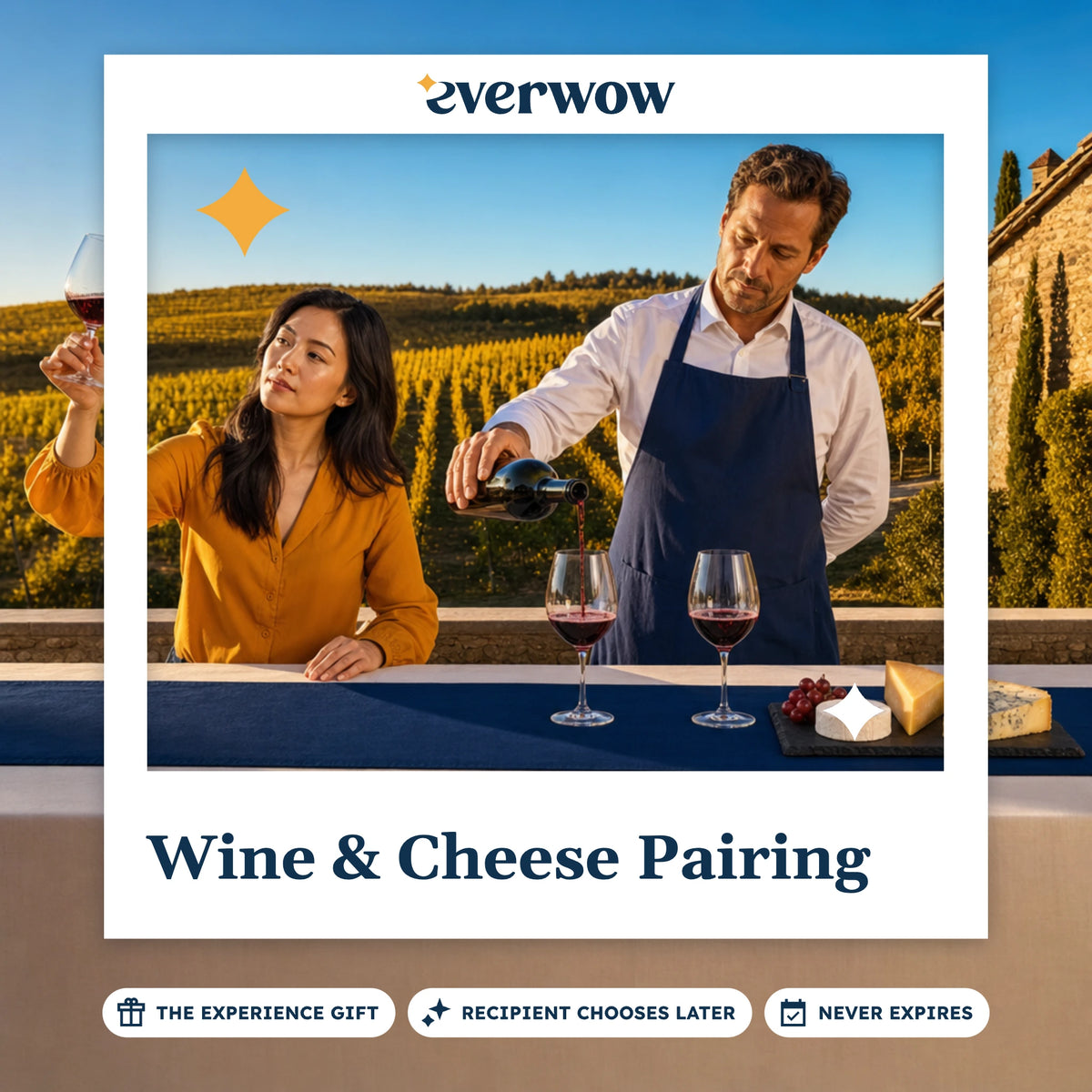 Everwow Wine & Cheese Pairing experience gift photo in a frame, sommelier pouring on a terrace