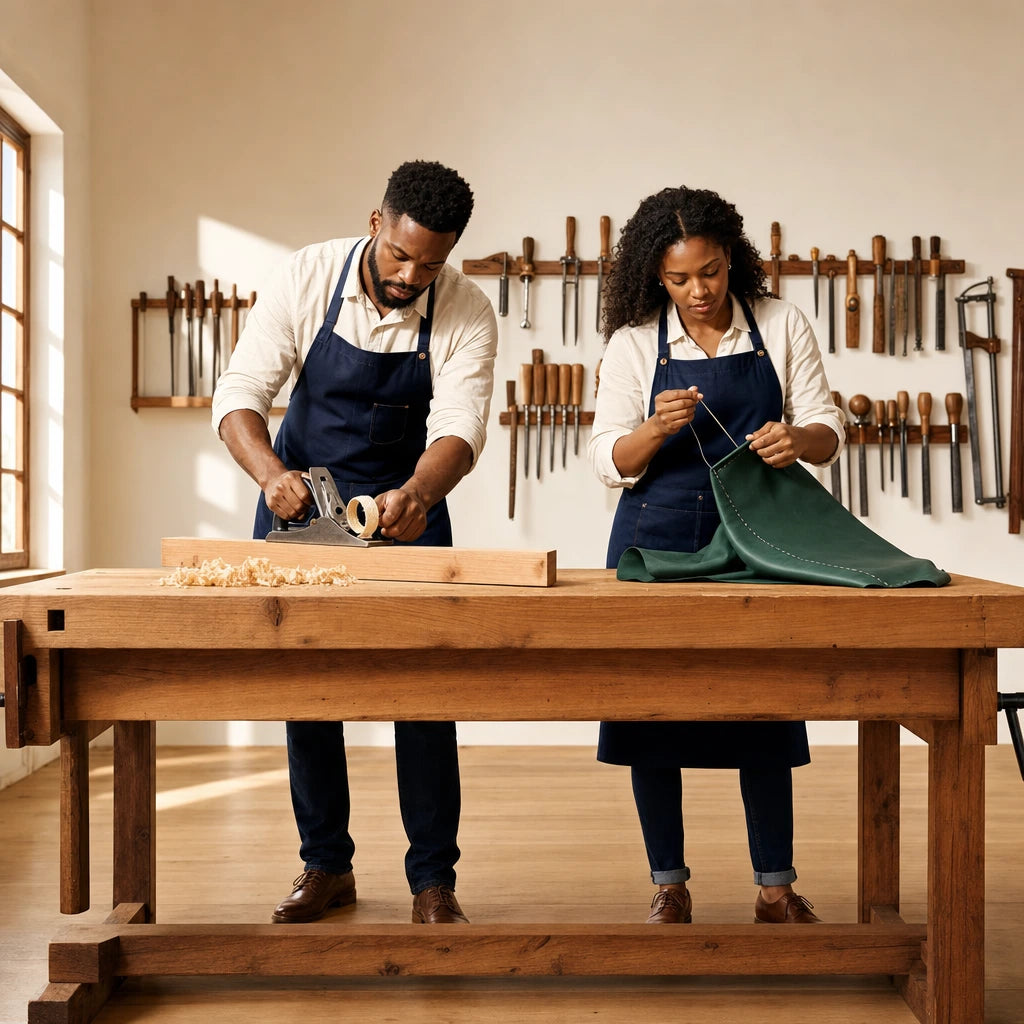 Couple planing wood and stitching leather at a shared workbench, Woodworking & Leather Crafts experience gift