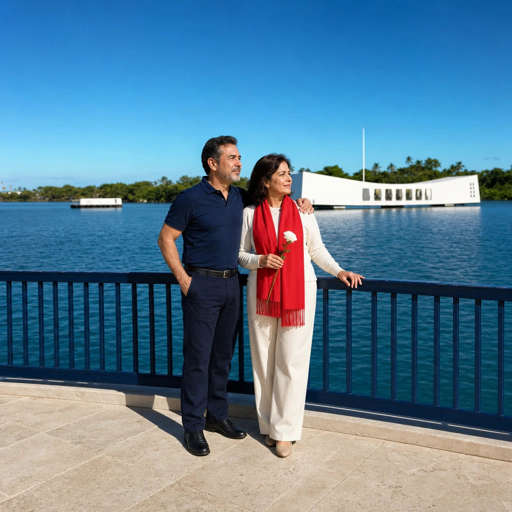 Couple standing quietly at a harbor memorial railing with a white flower, WWII & War History Tour experience gift