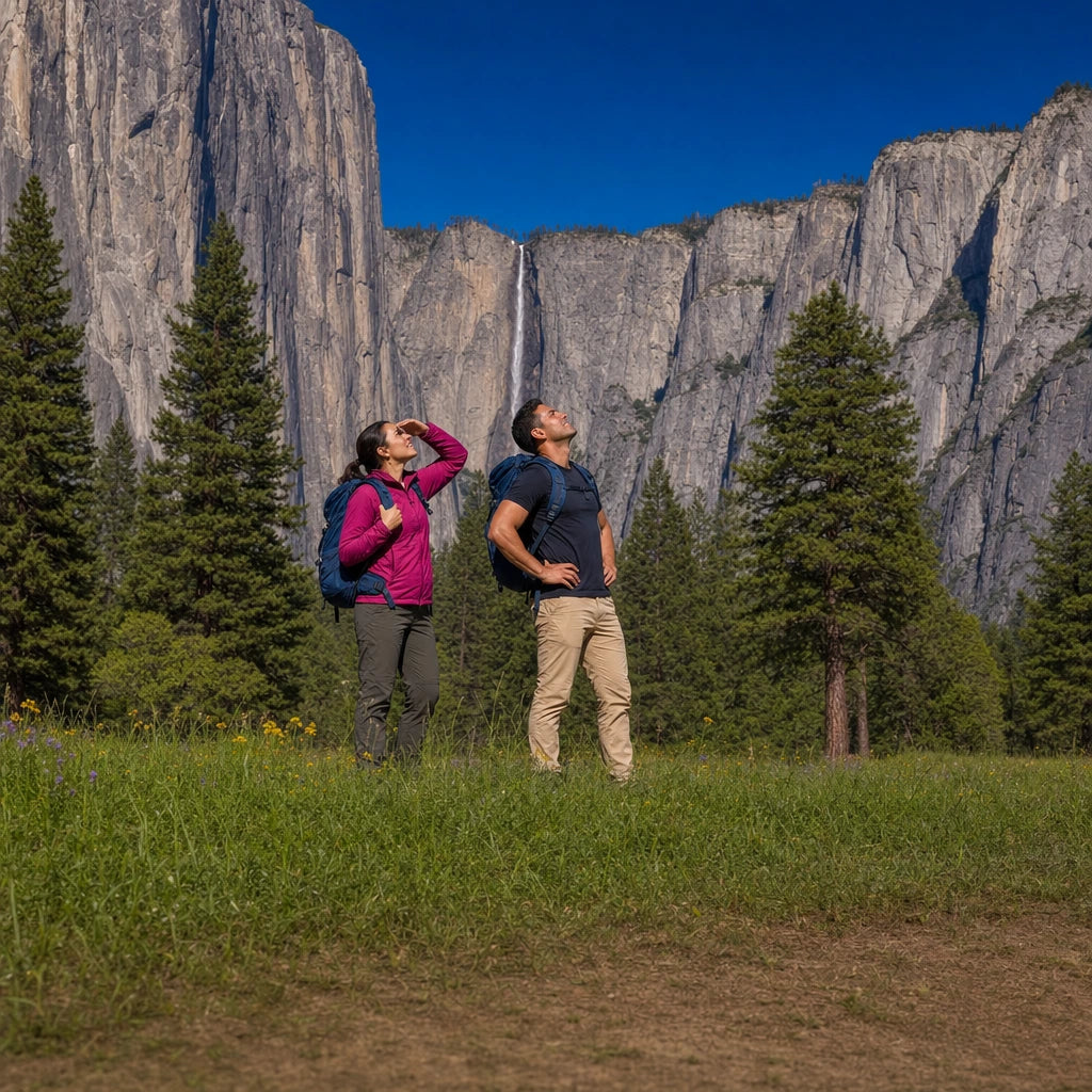 Couple gazing up at granite cliffs and a waterfall from the valley meadow, Yosemite National Park Tour experience gift