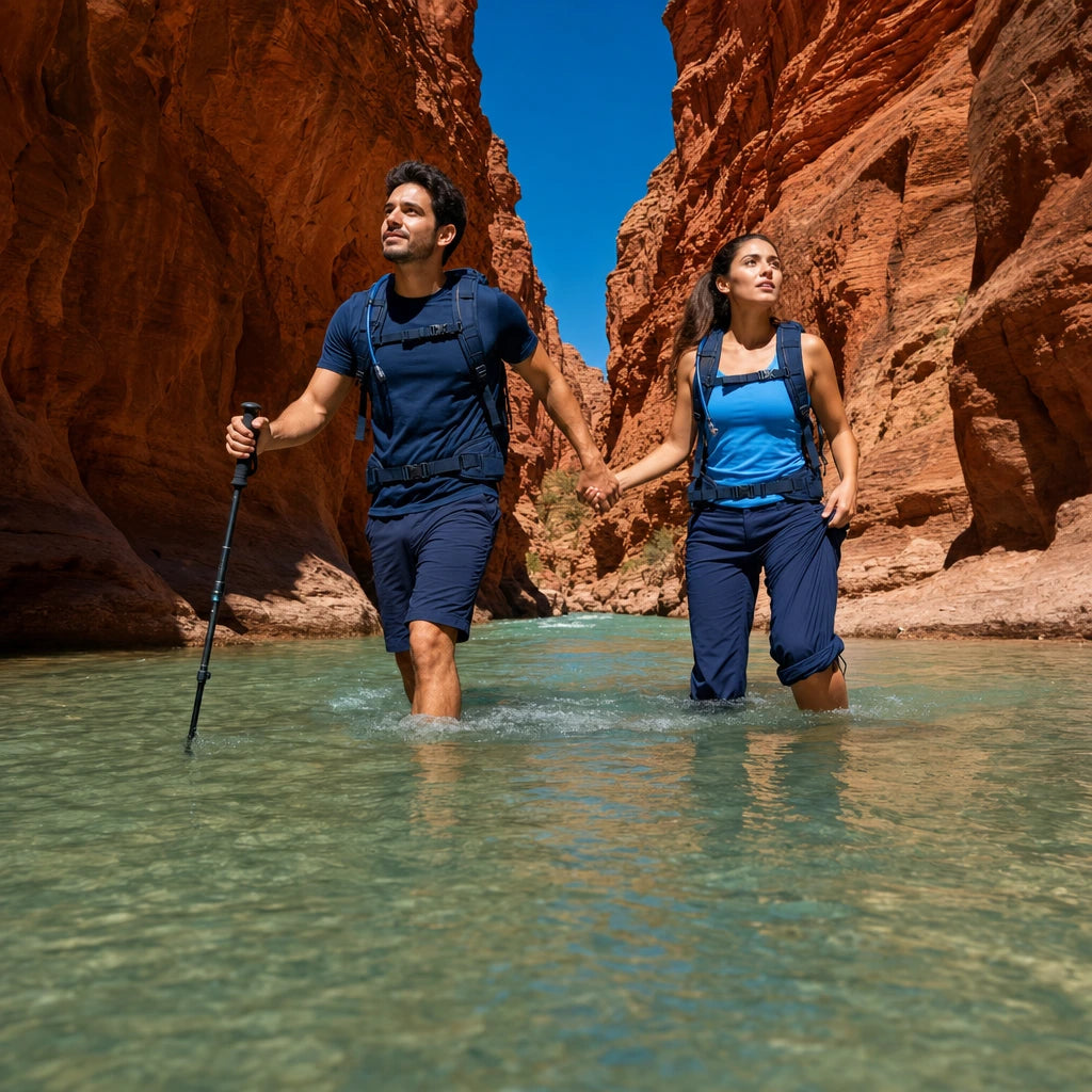 Couple wading hand in hand through a narrow sandstone canyon river, Zion National Park Tour experience gift