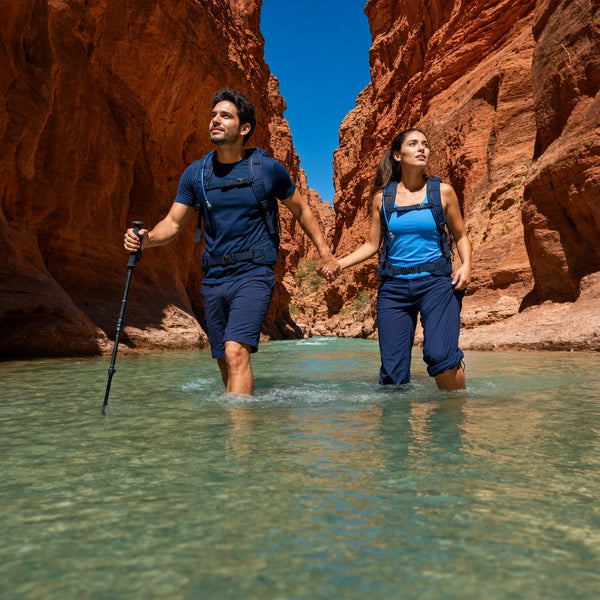 Couple wading hand in hand through a narrow sandstone canyon river, Zion National Park Tour experience gift