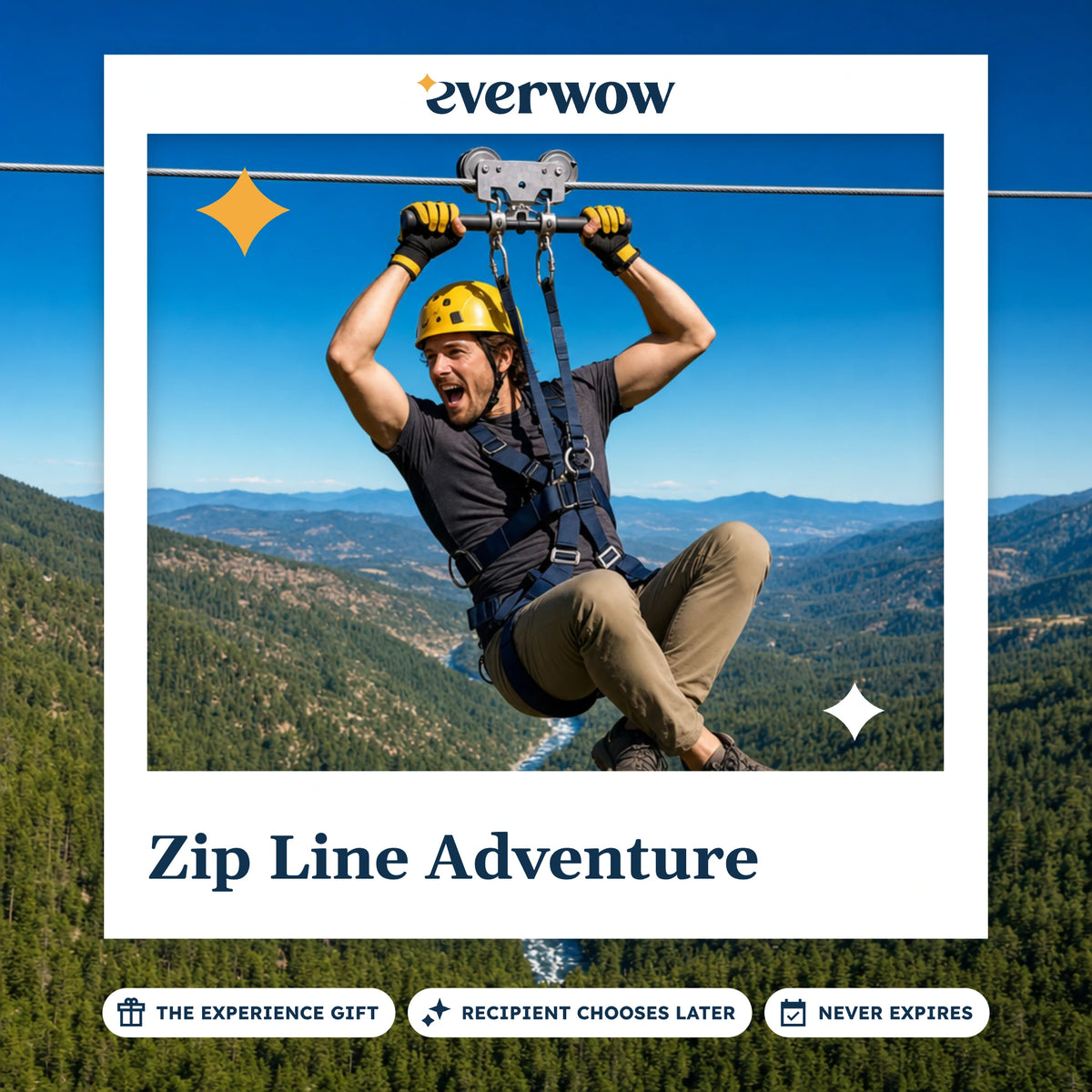 Everwow Zip Line Adventure experience gift photo in a frame, rider above a pine gorge