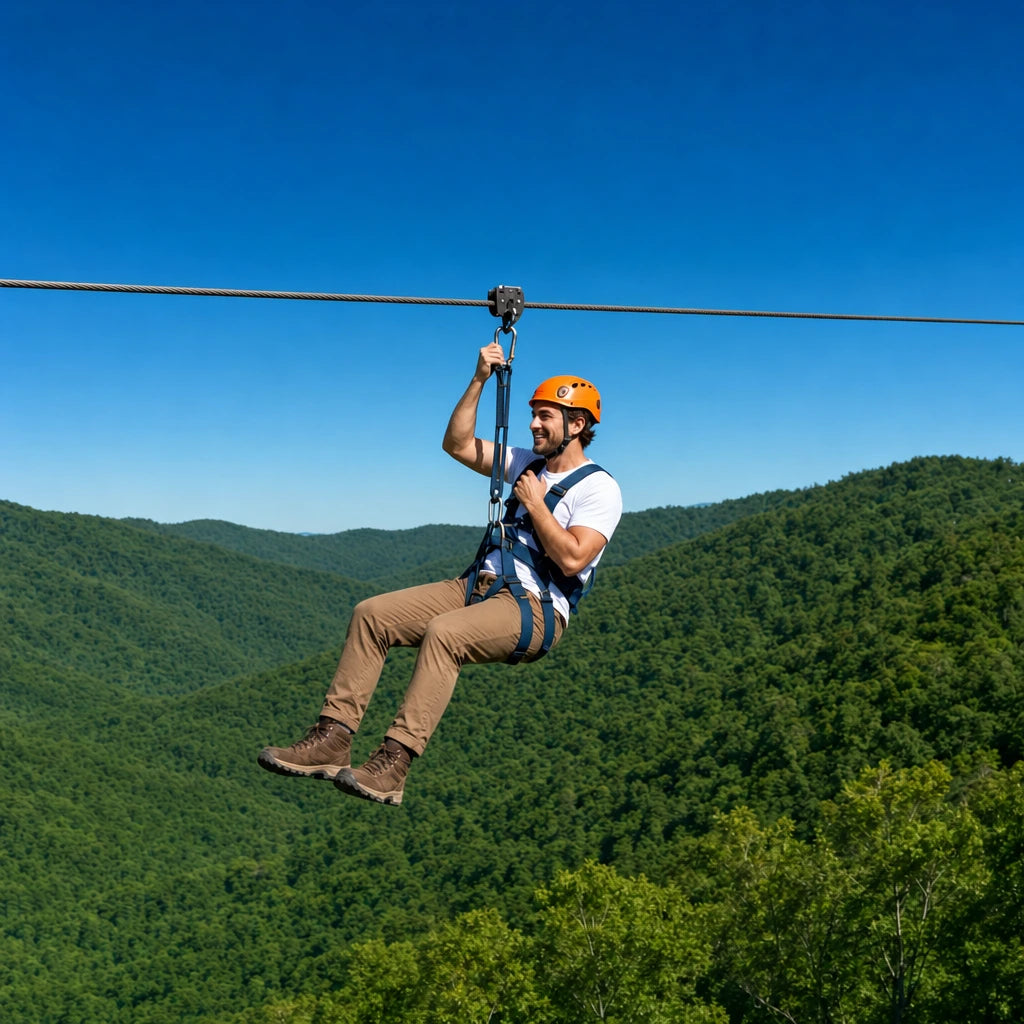 A rider gliding a steel zip line high above a green forest canopy, Zip Lining experience gift