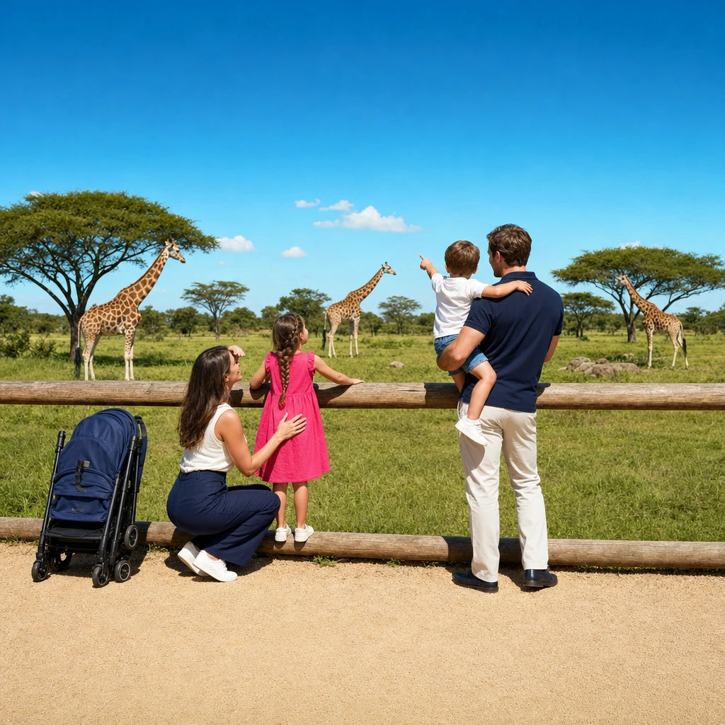 Family watching giraffes graze at a zoo savanna rail, Zoo & Aquarium Visits experience gift