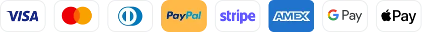 We accept Visa, Mastercard, Diners Club, PayPal, Stripe, American Express, Google Pay and Apple Pay